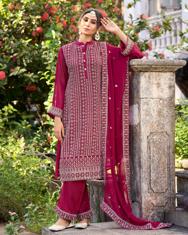 Magenta Silk Embroidered Trouser Kameez
