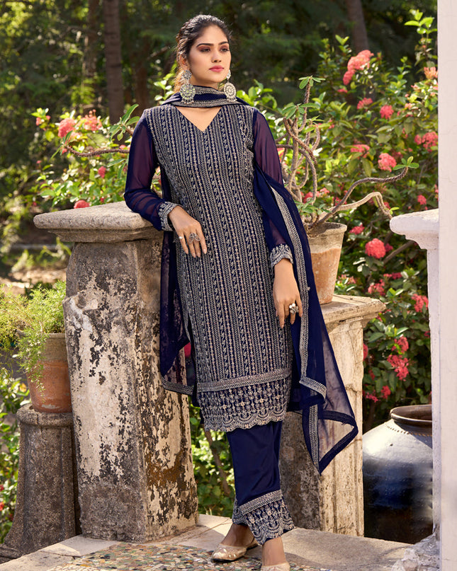 Navy Blue Silk Embroidered Trouser Kameez