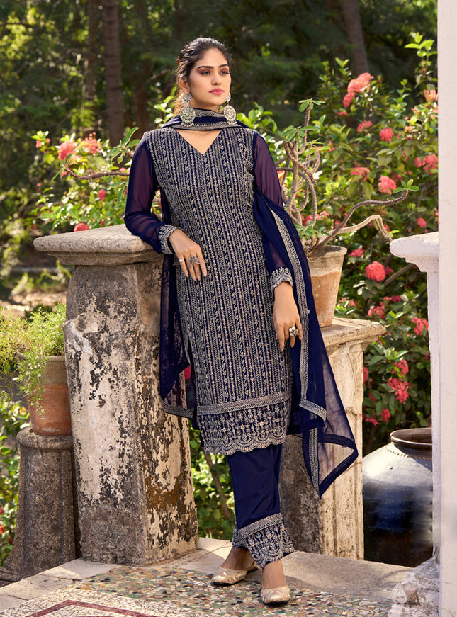Navy Blue Silk Embroidered Trouser Kameez