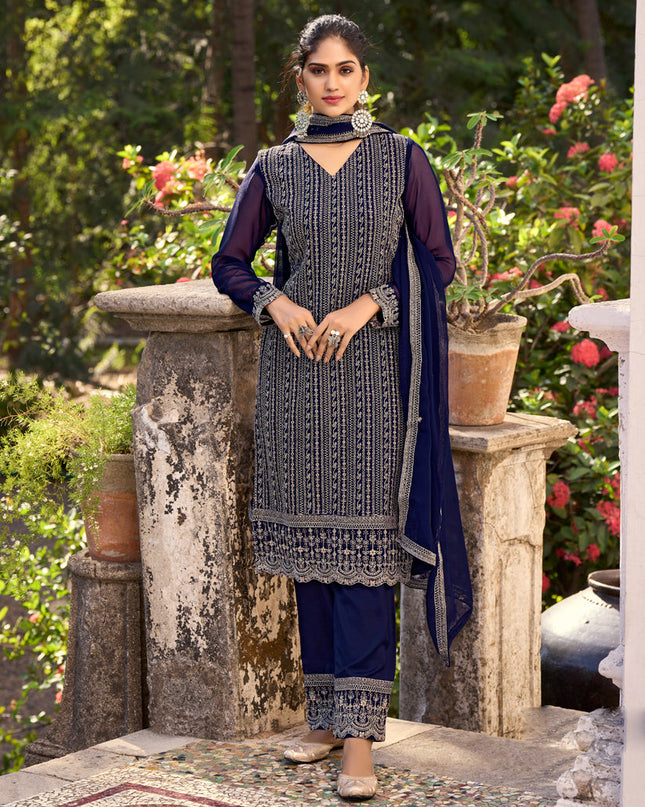 Navy Blue Silk Embroidered Trouser Kameez