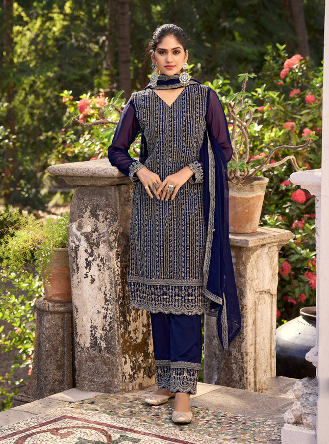 Navy Blue Silk Embroidered Trouser Kameez