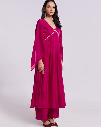 Raspberry Pink Pure Organza Kurta with Palazzo