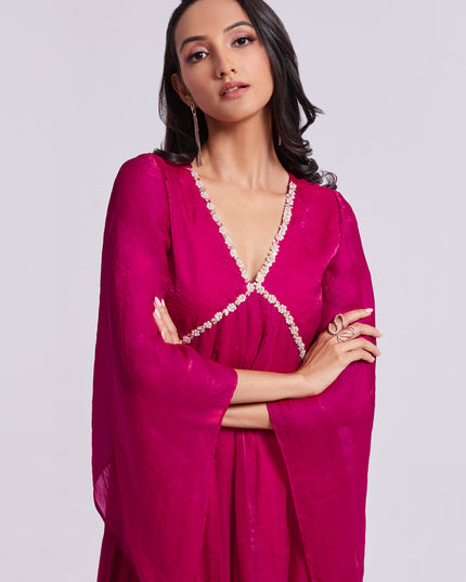 Raspberry Pink Pure Organza Kurta with Palazzo