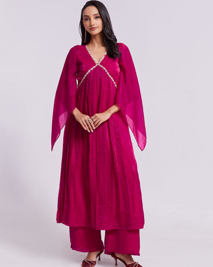 Raspberry Pink Pure Organza Kurta with Palazzo