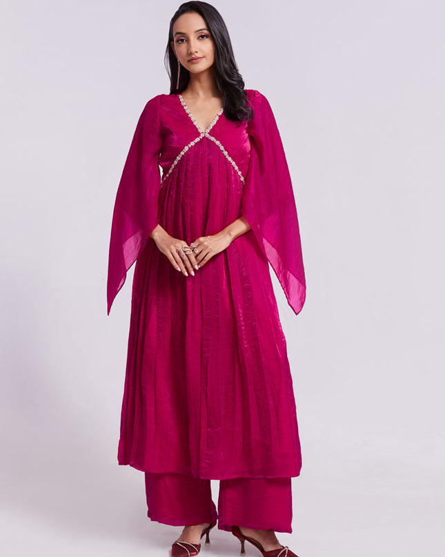 Raspberry Pink Pure Organza Kurta with Palazzo