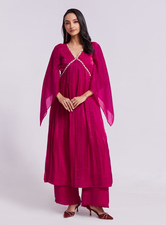 Raspberry Pink Pure Organza Kurta with Palazzo