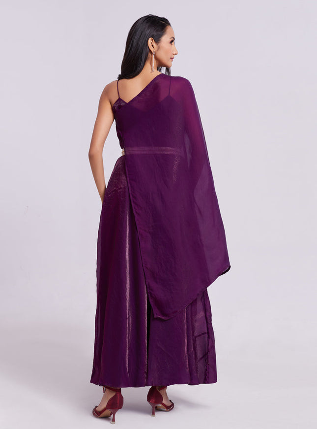 Wine Pure Organza Gown for Party Wear