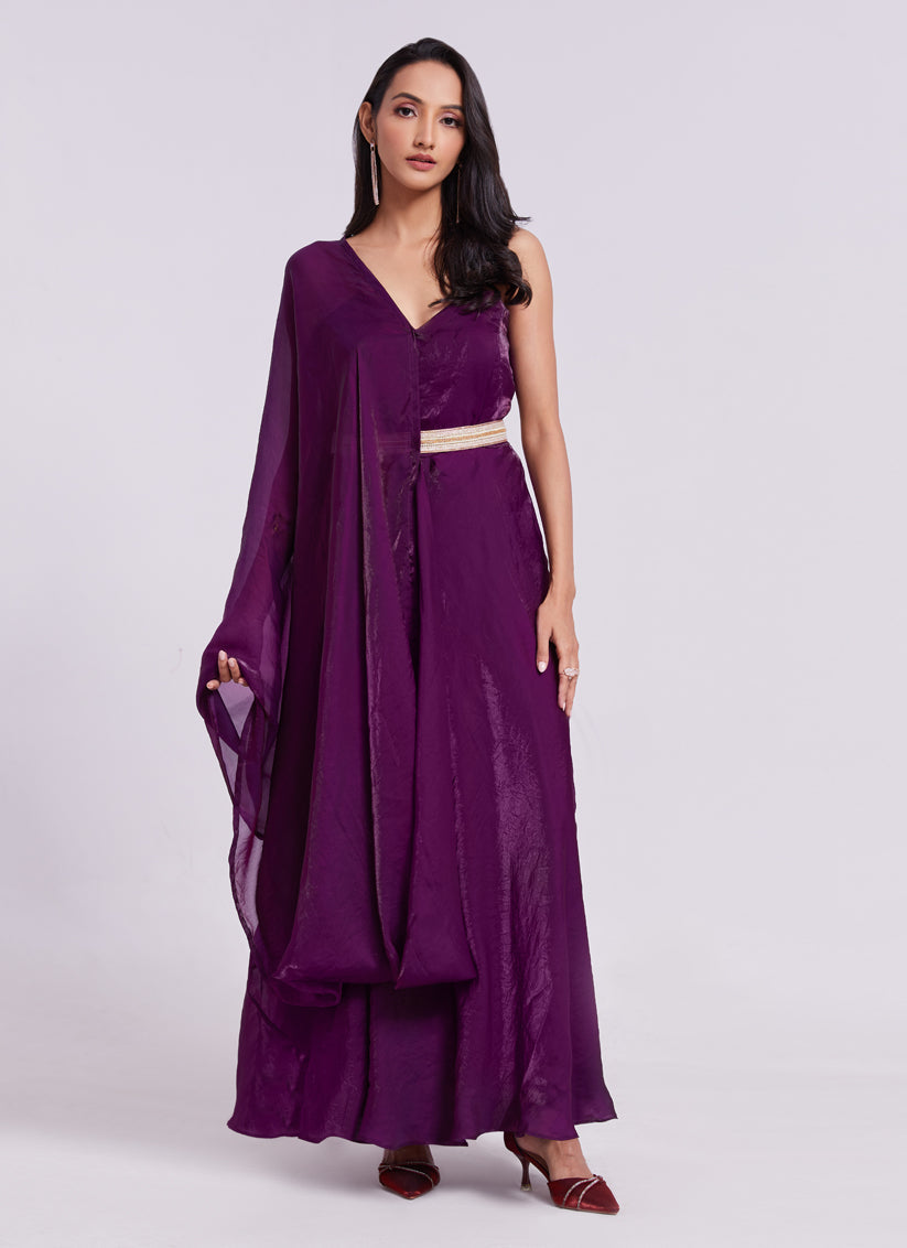 Wine Pure Organza Gown for Party Wear