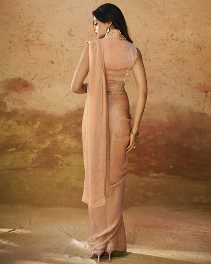 Peach Organza Handwork Designer Ready to Wear Saree