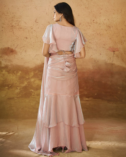 Coral Pink Organza Handwork Designer Ready to Wear Saree