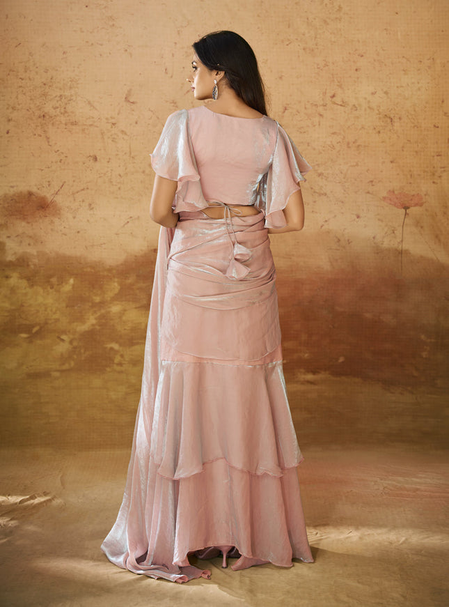 Coral Pink Organza Handwork Designer Ready to Wear Saree