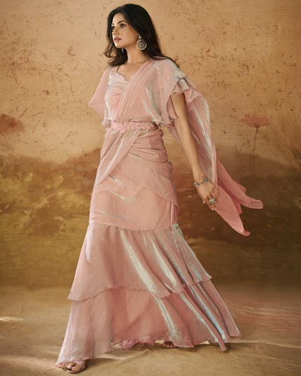 Coral Pink Organza Handwork Designer Ready to Wear Saree