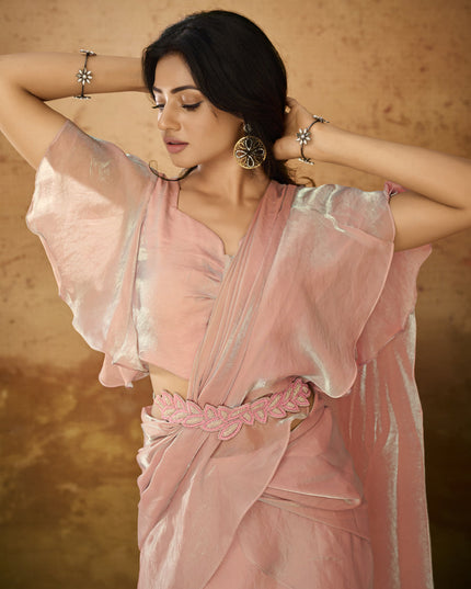 Coral Pink Organza Handwork Designer Ready to Wear Saree