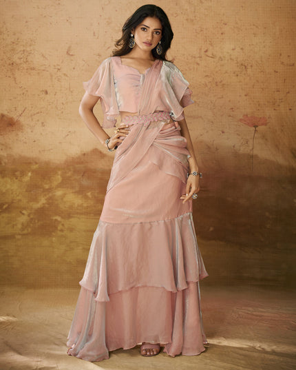 Coral Pink Organza Handwork Designer Ready to Wear Saree