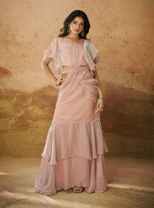 Coral Pink Organza Handwork Designer Ready to Wear Saree