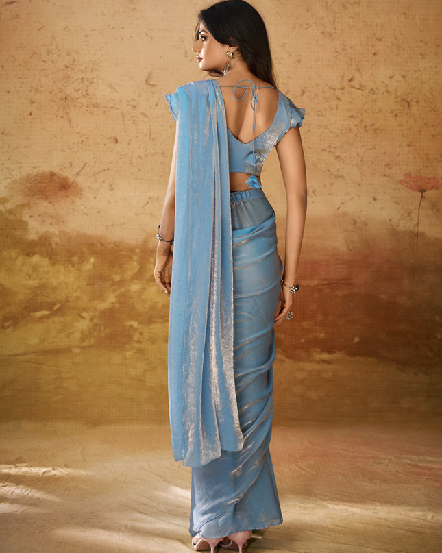Powder Blue Organza Handwork Designer Ready to Wear Saree