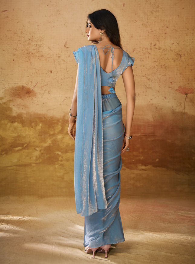 Powder Blue Organza Handwork Designer Ready to Wear Saree