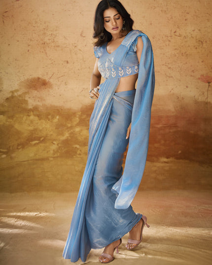 Powder Blue Organza Handwork Designer Ready to Wear Saree