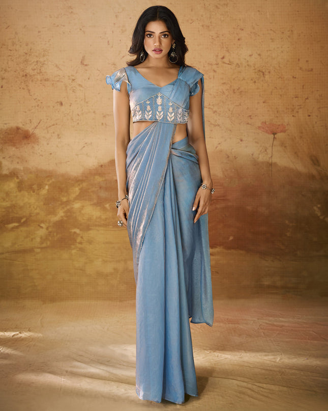 Powder Blue Organza Handwork Designer Ready to Wear Saree