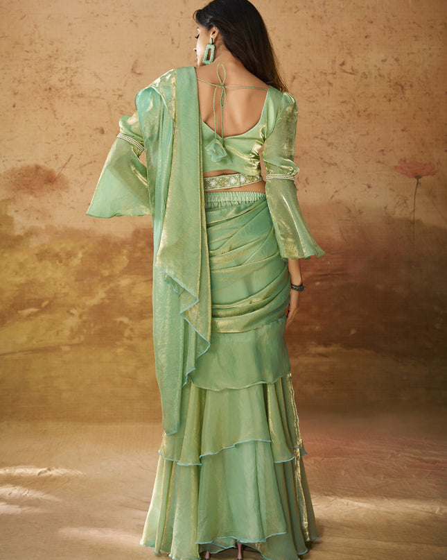 Pistachio Green Organza Handwork Designer Ready to Wear Saree