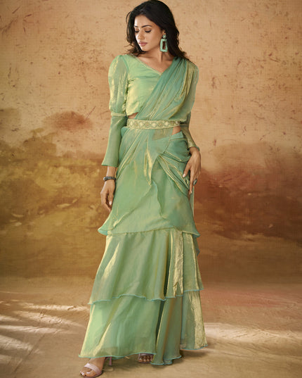Pistachio Green Organza Handwork Designer Ready to Wear Saree