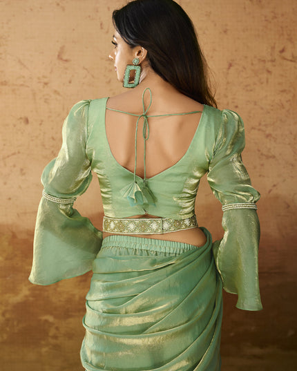 Pistachio Green Organza Handwork Designer Ready to Wear Saree