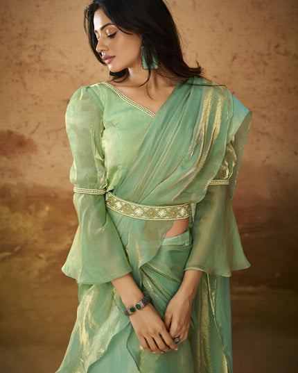 Pistachio Green Organza Handwork Designer Ready to Wear Saree