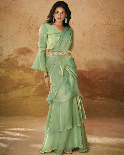 Pistachio Green Organza Handwork Designer Ready to Wear Saree