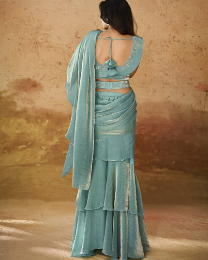 Teal Mint Organza Handwork Designer Ready to Wear Saree