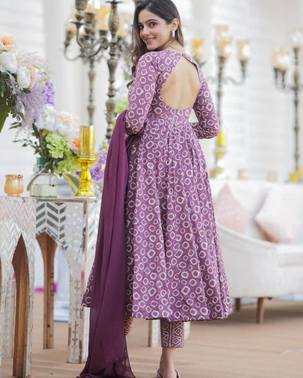 Dusty Magenta Cotton Printed Readymade Pant Kameez For Festival