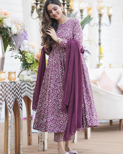 Dusty Magenta Cotton Printed Readymade Pant Kameez For Festival