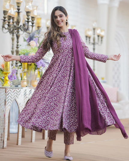Dusty Magenta Cotton Printed Readymade Pant Kameez For Festival