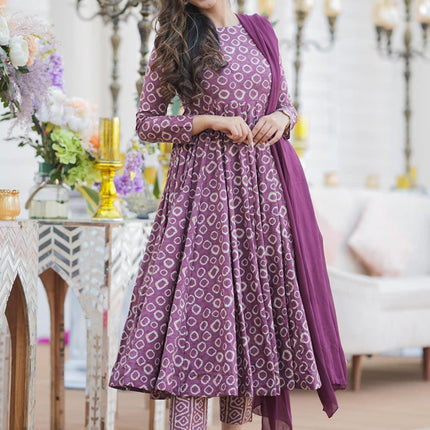 Dusty Magenta Cotton Printed Readymade Pant Kameez For Festival