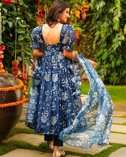 Prussian Blue Silk Printed Readymade Pant Kameez For Festival