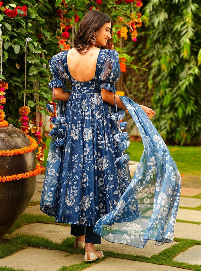 Prussian Blue Silk Printed Readymade Pant Kameez For Festival