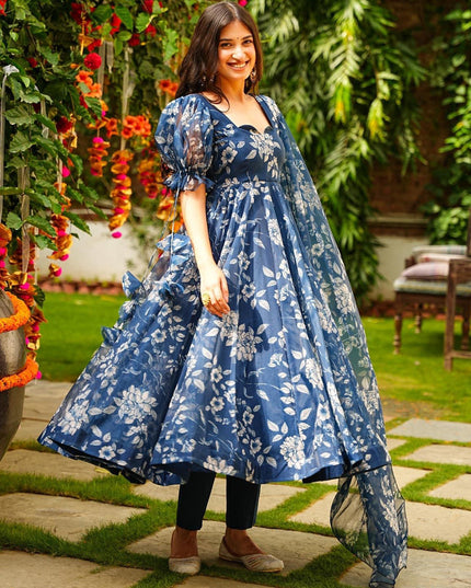 Prussian Blue Silk Printed Readymade Pant Kameez For Festival