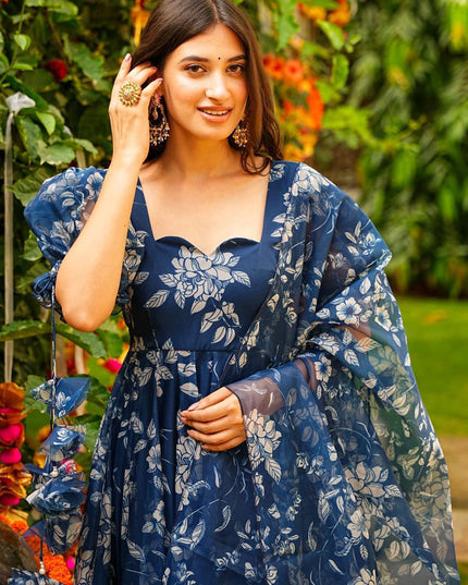 Prussian Blue Silk Printed Readymade Pant Kameez For Festival