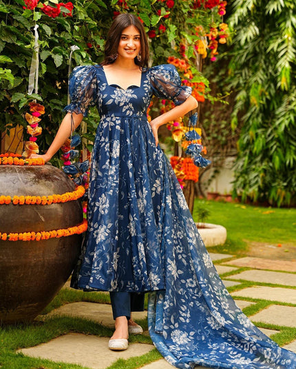 Prussian Blue Silk Printed Readymade Pant Kameez For Festival