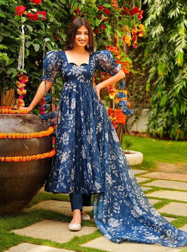 Prussian Blue Silk Printed Readymade Pant Kameez For Festival