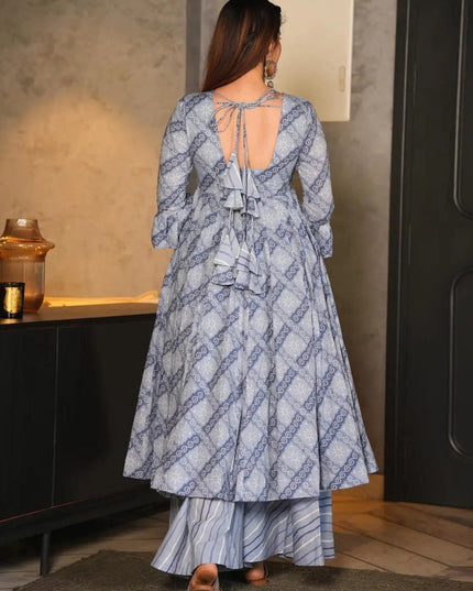 Sky Grey Cotton Silk Printed Readymade Palazzo Kameez