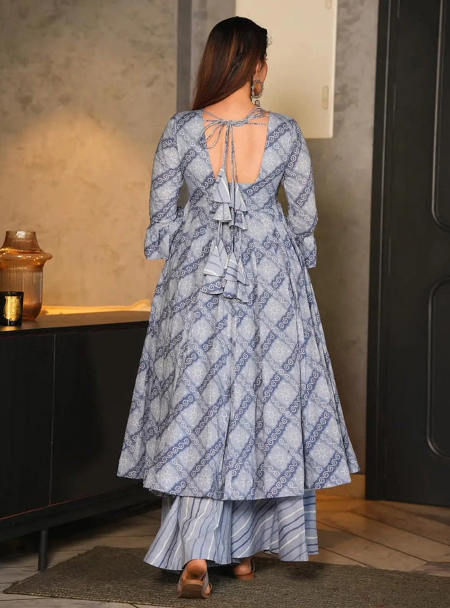 Sky Grey Cotton Silk Printed Readymade Palazzo Kameez