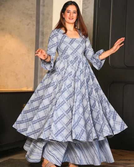 Sky Grey Cotton Silk Printed Readymade Palazzo Kameez