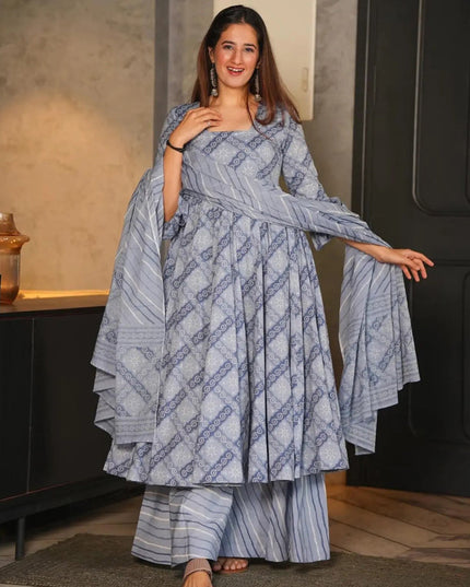 Sky Grey Cotton Silk Printed Readymade Palazzo Kameez