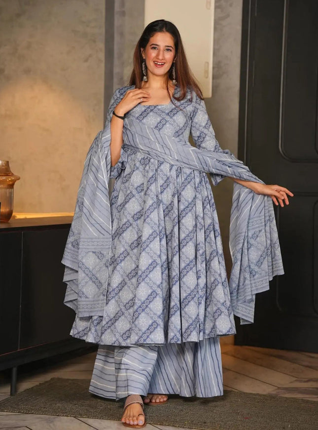 Sky Grey Cotton Silk Printed Readymade Palazzo Kameez