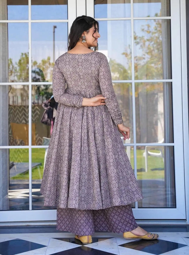 Dusty Grey Cotton Silk Printed Readymade Palazzo Kameez