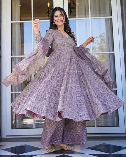 Dusty Grey Cotton Silk Printed Readymade Palazzo Kameez