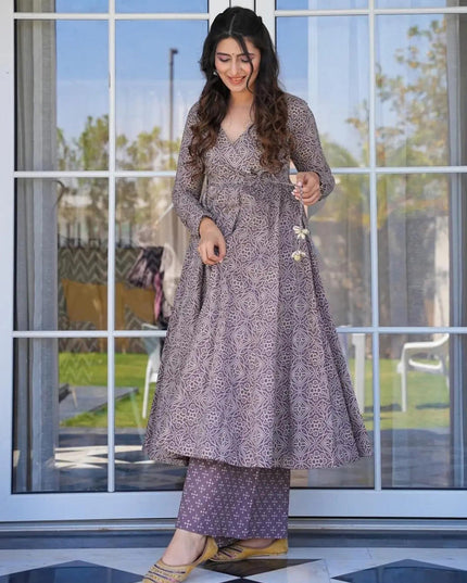 Dusty Grey Cotton Silk Printed Readymade Palazzo Kameez