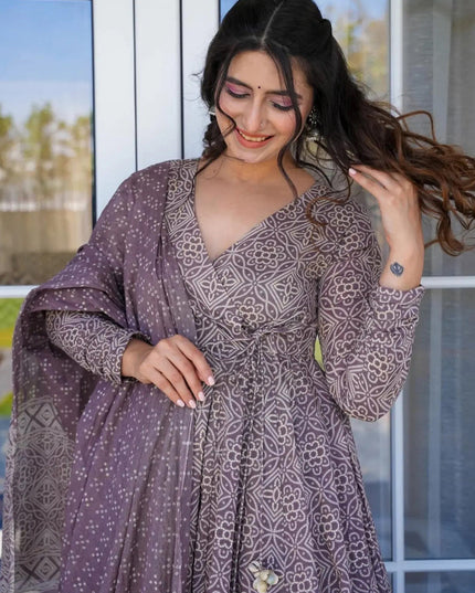 Dusty Grey Cotton Silk Printed Readymade Palazzo Kameez