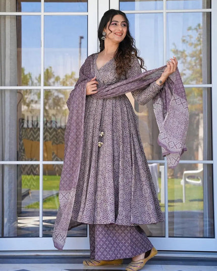 Dusty Grey Cotton Silk Printed Readymade Palazzo Kameez