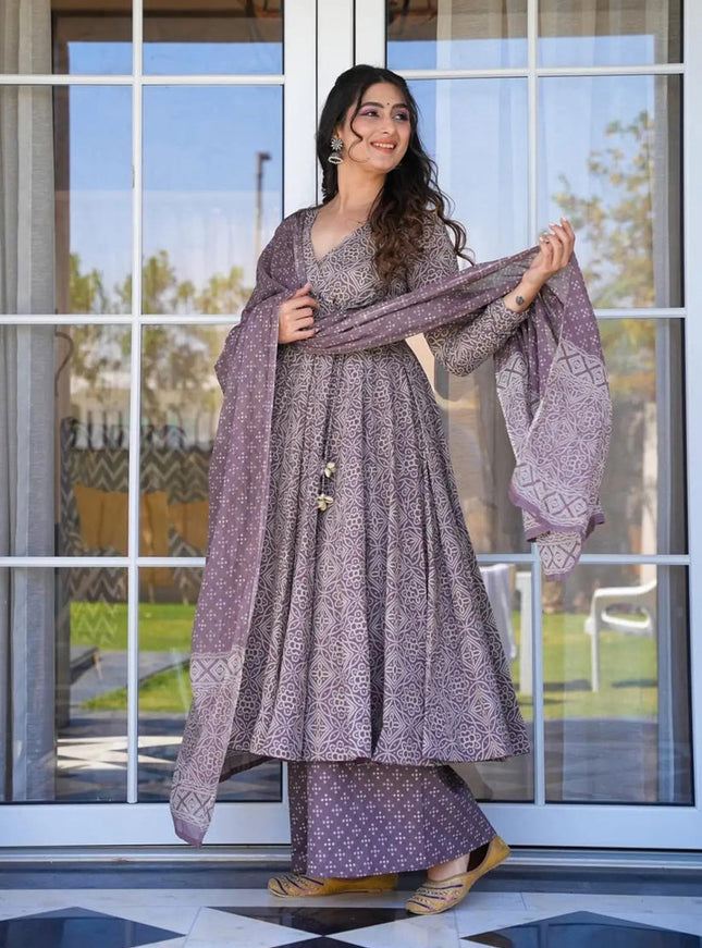 Dusty Grey Cotton Silk Printed Readymade Palazzo Kameez